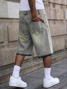 Mud Yellow Washed Straight-Leg Cropped Jeans, With Frayed Hem Design, Featuring Distressed And Faded Effect, Vintage Casual Shorts - Mustard Yellow - View 4
