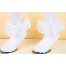 NEW-   Womens Big Ruffle Ankle Double Lace Turn Cuff Dress Socks,Women Cute Adult Cotton Ruffled Frilly Sock,#C907 - White - View 4