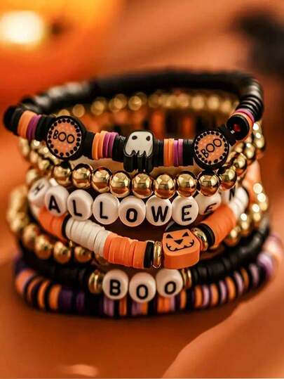 7pcs Halloween Theme Party Vintage Pumpkin Soft Clay Ghost Letter BOO Bracelet Set, Suitable For Halloween Party Matching