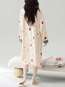 1 buah Baju Tidur Wanita, Baju Tidur Model Pullover Motif Buah, Leher Bulat, dengan Kantong, Lengan Panjang, Nyaman untuk Dipakai di Rumah - Sampanye - View 2