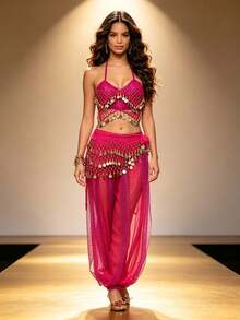 Banquet Dance Party Belly Dance Ornate Coin Sequin Halter Top With Waist Sash, Shimmer Dot Mesh Harem Pants For Themed Event And Stage Performance - Multicolor - View 4