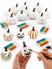 24/48pcs Handmade Pumpkin Craft Set, Includes 1 White Painting Pumpkin + Paintbrush. Can Create Colorful Pumpkins, Ghost Faces, Little Ghosts And Other Designs, Suitable For Autumn And Halloween Decoration, Party Favors And Craft Projects - Multicolor - View 1