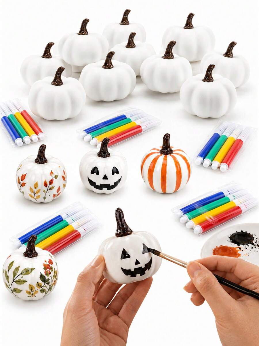 24/48pcs Handmade Pumpkin Craft Set, Includes 1 White Painting Pumpkin + Paintbrush. Can Create Colorful Pumpkins, Ghost Faces, Little Ghosts And Other Designs, Suitable For Autumn And Halloween Decoration, Party Favors And Craft Projects - Multicolor - View 1