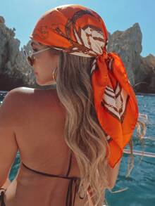 1pc Bohemian Luxury Vintage Chain Print Women's Scarf/Bandana, French Vintage Style Versatile Silk Scarf, All-Season Wear For Women, Can Be Used As Neck Scarf, Headband, Hair Wrap Or Shawl, Suitable For Spring/Summer Beach Vacation, Street Fashion Matching, Ideal Choice To Enhance Overall Look, Travel Essential, Beach Towel - Burnt Orange - View 3