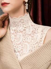1pc Women's Semi-High Neck Fitted Lace Hollow Out Base Layer Top With Faux Collar - Multicolor - View 11