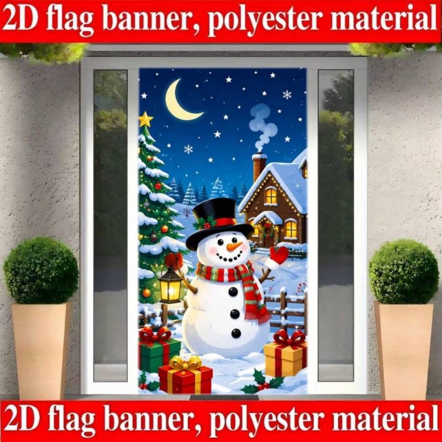 2D Plane 1 Piece Of Christmas-Themed Banner Background, Featuring A Snowman With A Christmas Tree, Gift Wrapping, A Snow Hut, And A Crescent Moon-Shaped Starry Sky. Made Of Polyester Material, No Power Supply Required.