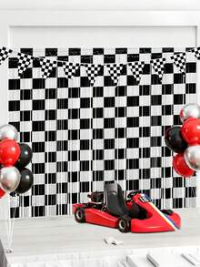 2/1pc Racing Theme Metallic Tinsel Curtains, Black And White Checkered Fringe Curtains, Rain Curtain Balloon Set, Racing Theme Birthday Party Decor Curtains, Theme Party Foil Curtains, "Go Racing" Party Backdrop, Indoor/Outdoor Party Backdrop Decor - Racing - View 6