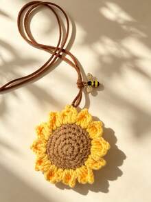 1pc Woven Sunflower & Bee Car Rearview Mirror Hanging Decoration, Car Interior Accessory - A - View 5