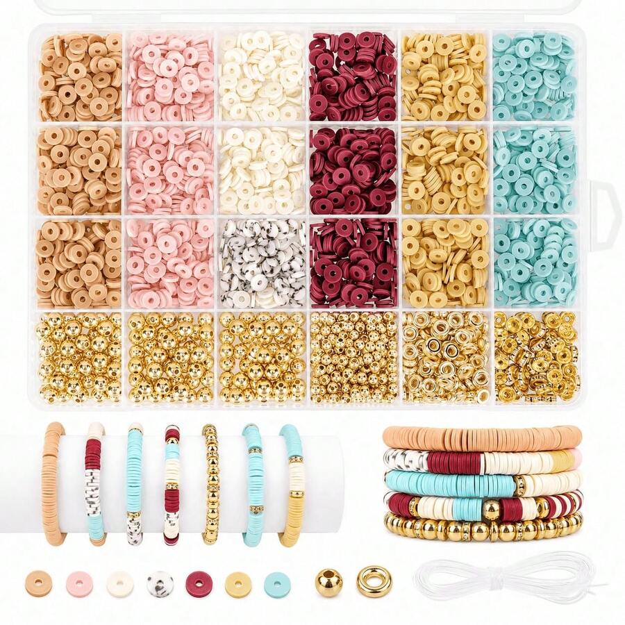 Soft Bohemian Style 1 Box/4000pcs Polymer Clay Beads Set - Mixed Shapes With Hollow Details - DIY Jewelry Making Friendship Bracelets - A - View 1
