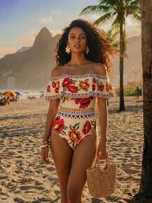 CAJUNI Women's Elegant Vintage Off Shoulder Detachable Strap One Piece Swimsuit+ Printed Mesh Pleated Skirt, Spring/Summer - Multicolor - View 4