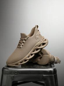 Men's Minimalist Solid Color Knit Mesh Breathable Hollow Bottom Shock-Absorbing Running Shoes, Lightweight Soft Comfortable Casual Sports Shoes For Outdoor Daily Commute - Khaki - View 7