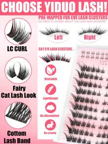 YIDUO 114pcs Fox Eye Cluster False Eyelashes Set, Pre-Separated Left And Right Single Clusters LC Curl Fluffy Dense DIY Eyelash Extension Kit, Includes Adhesive And Sealer, Remover, Tweezers, Eyelash Brush, Reusable, Suitable For Daily, Party, Holiday Makeup, Beginner Friendly - Multicolor - View 3