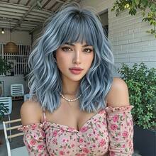 Women's Short Curly Wig (Blue-Grey Gradient, With Bangs) - Synthetic Fiber Wig Suitable For Daily Wear, Cosplay And Party; Features Rose Inner Net Design, Voluminous And Naturally Blended; Wavy Curl Style, Suitable For Halloween, Music Festival And Other Occasions, Fits Multiple Skin Tones - Blue Ombre - View 2