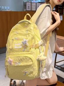 Student Backpack, Bow Embroidery Pattern Soft Quilted Fabric With Pendant, Multiple Pockets Adjustable Shoulder Straps, Cute Japanese Style, Suitable For Teenage Girls Daily Use In All Seasons - Multicolor - View 10