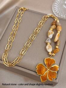 1Pc/Set Luxury Enamel Flower Clover Charm Necklace Bracelet With Naturally Stone Beads For Women,Gold Jewelry/Daily/Boho /Party/Y2K,Valentine/Vacation - Multicolor - View 12