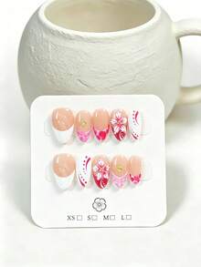 10pcs Handmade Press-On Nail Art Fake Nails, Almond Shape, Graduation Season Red Pink Tie Dye Nude Base With Pure White French + Pink Plaid Gradient + Hand-Painted Red White Flowers & Red Polka Dot Curves, Decorated With Gold Metal Accents, Simple And Elegant, Suitable For Party, Wedding, Daily Wear, Includes Nail Art Tools, Perfect Gift For Women And Girls - Pink - View 2