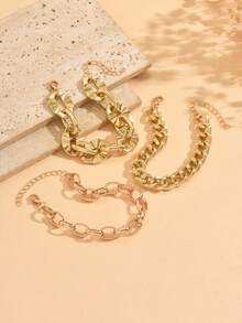 3pcs/Set Multi-Layer Thick Line Geometric Exaggerated Bracelet Set, Vintage Fashion Geometric Chunky Chain Bracelet Combination, Suitable For Daily Wear, Party, Date And Vacation - Gold - View 3