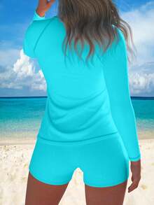 Women Funny Tight Fitting Sports Beach Surfing Long Sleeve Rash Guard Swimsuit 2 Piece Set Cute Swimwear With Boyshorts Sun Protection, Diving - Mint Blue - View 6