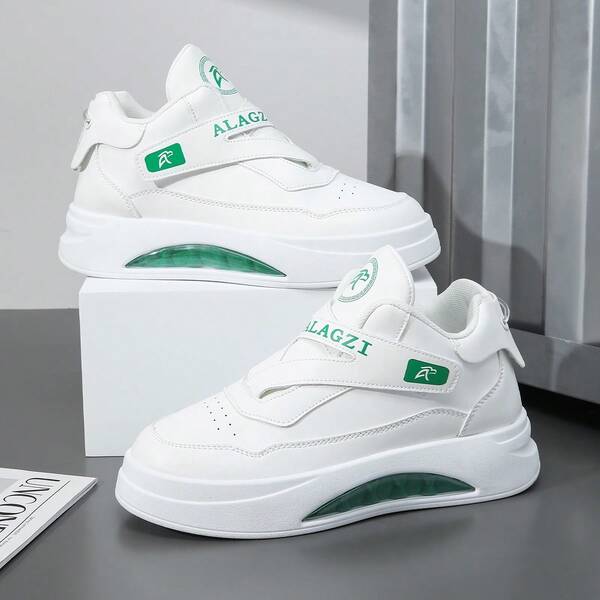 Men's Casual Sneakers, Pure White Skate Shoes With Winged Hook-And-Loop Design, Simple And Stylish, Suitable For Daily Streetwear.