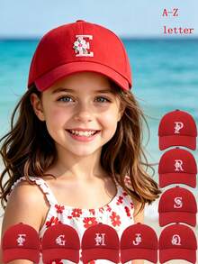 1pc Children's 26 Flower Letter Pattern Pink Baseball Cap, Toddler Girls Sun Hat, Suitable For Outdoor, Daily Wear, UV Protection - Red - View 1