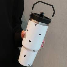 1pc 30oz Heart-Shaped Polka Dot Pattern Handheld Insulated Cup, Minimalist Creative Cartoon Stainless Steel Coffee Mug, Portable Travel Cup. Suitable For Office And Home, Perfect For Cold And Hot Beverages. Can Be Given - Multicolor - View 4