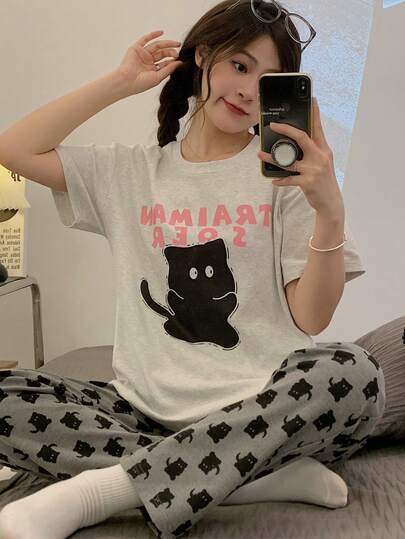 2 Peças Conjunto de Pijama Feminino de Manga Curta, Roupa de Descanso Macia e Confortável