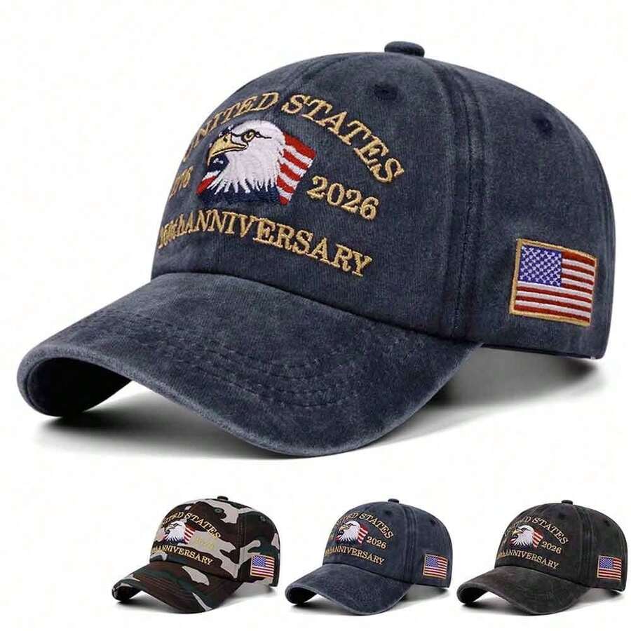 1件 2026美國250週年紀念刺繡棒球帽,復古水洗休閒棒球帽,美國國旗刺繡可調節爸爸帽 - 彩色 - 查看 1