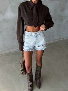 SQUALO Graue Damen-Sommer-Denim-Shorts mit hohem Bund und ausgefranstem Saum - Blau - Übersicht 6