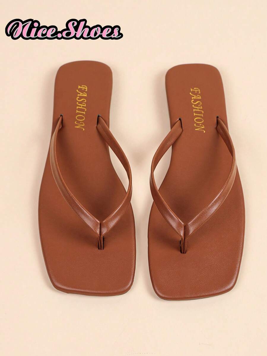 Women's Flat Flip Flop Sandals, Summer Fashion Vacation Style Comfortable Black Round Toe Sandals Suitable For Outings, Gatherings, Home, Travel, Beach - Brown - View 1
