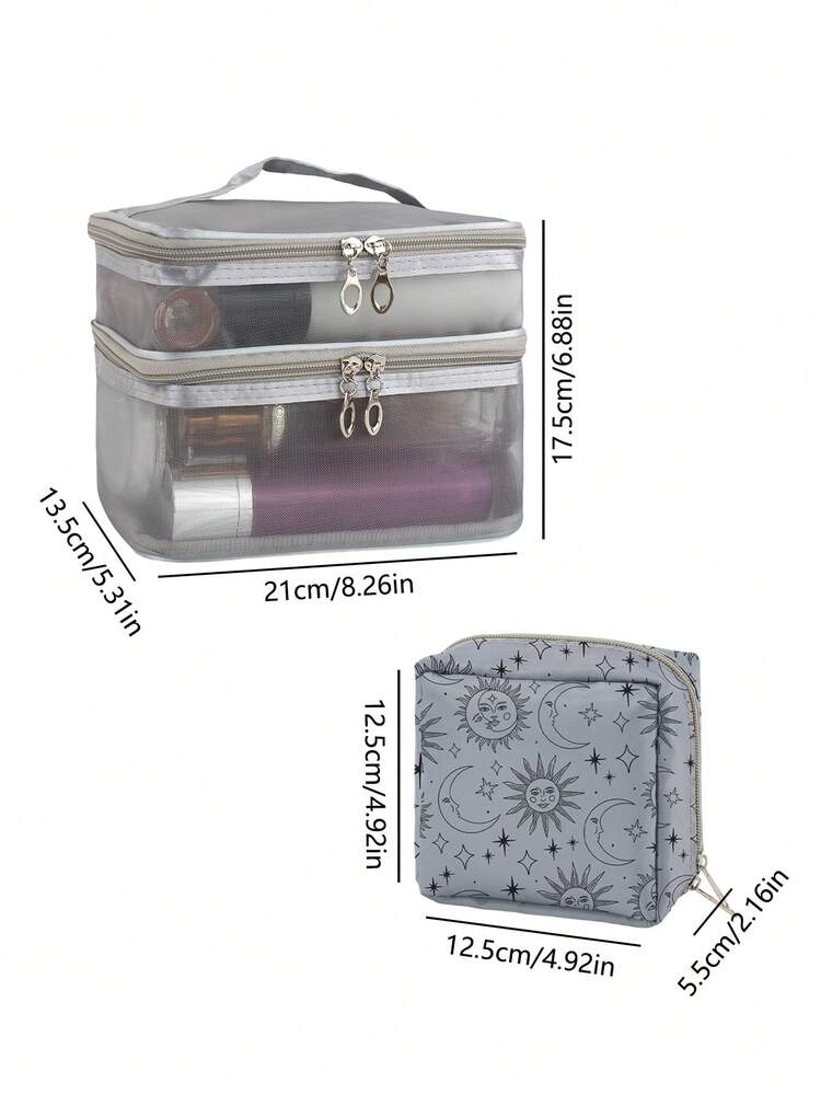 2pcs Travel Toiletry Set, Double-Layer Mesh Large Capacity Bag + Sun & Moon Print Mini Pouch, Dual-Compartment Storage, Smooth Metal Zipper, Durable Fabric, Dorm Desk Organizer / Weekend Getaway Travel, Makeup Enthusiasts, Gift For Women - Light Grey - View 9