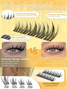 Manga Style Slim Curly Eyelash Clusters, Pointed Natural Fluffy Soft Extended Lashes, 10-16mm Mixed Length Lightweight DIY Cluster Lashes, Suitable For Daily Wear And Cat Eye Makeup - D - 查看 5