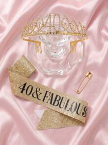 2pcs/Set Birthday Crown & Sash Gift Set, Gold Rhinestone Tiara And Glitter Fabulous Sash, Suitable For Women & Girls Sweet 16, 21st, 40th, 50th, 60th Birthday Party Decoration - Gold - View 12