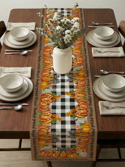 1 PC Black White Buffalo Plaid Pumpkin Maple Leaf Print Table Runner Farmhouse Autumn Thanksgiving Decor Style Table Runner Washable Suitable For Outdoor Indoor Party Kitchen Home Dining Table Center