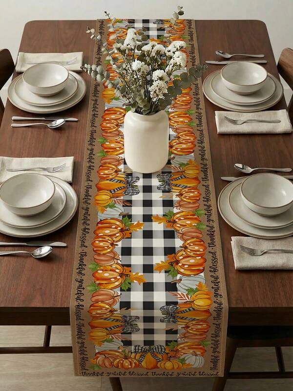 1 PC Black White Buffalo Plaid Pumpkin Maple Leaf Print Table Runner Farmhouse Autumn Thanksgiving Decor Style Table Runner Washable Suitable For Outdoor Indoor Party Kitchen Home Dining Table Center