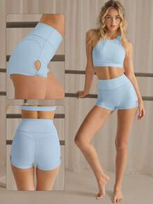 Women's Light Blue High Waist Side Slit Twist Knot Fitness Running Yoga Shorts, Side Hollow Cross V Waist Anti-Roll Up Fitness Riding Sports Summer - Baby Blue - View 9