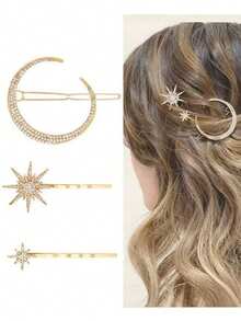3pcs European & American Hair Accessories Set, Vintage Moon Sun Star Hair Clips, Rhinestone Straight Clip Side Clip - Multicolor - View 2