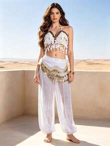 Professional Belly Dance Coin Fringe Halter Crop Top With Waist Scarf, Elastic Waist Dot Mesh Harem Pants For Dance Training, Stage Shows And Competitions - Multicolor - View 16