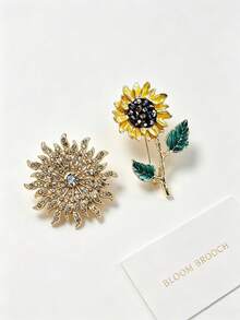 Full Rhinestone Radiating Sunflower Brooch + Oil-Drip Stem Sunflower Pair Pins, Warm Gold Vintage Suit Coat Collar Anti-Exposure Accessory - Multicolor - View 2