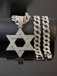 歐美嘻哈重工滿鑽六芒星吊墜鏈項鍊 中性誇張款粗鏈 美式饒舌街頭風時尚金銀雙色百搭鎖骨鏈 - 六芒星吊墜項鍊 - 查看 18
