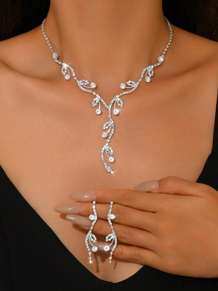 Floral Rhinestone Jewelry Set, Fashion Evening Party Necklace 1pc + Earrings 1 Pair - Silver 1187 - View 2