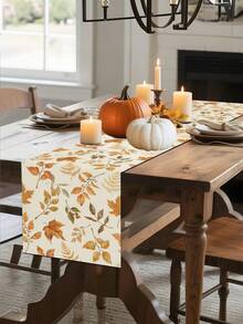 1pc Autumn Leaves & Berries Table Runner - Polyester Material, Rectangular Autumn Decor, Suitable For Thanksgiving, Kitchen And Dining Room, Festive Orange, Brown And Green Leaf Pattern On Cream Background, Perfect For Holiday Parties, Home Autumn Decoration - Ginger - View 2
