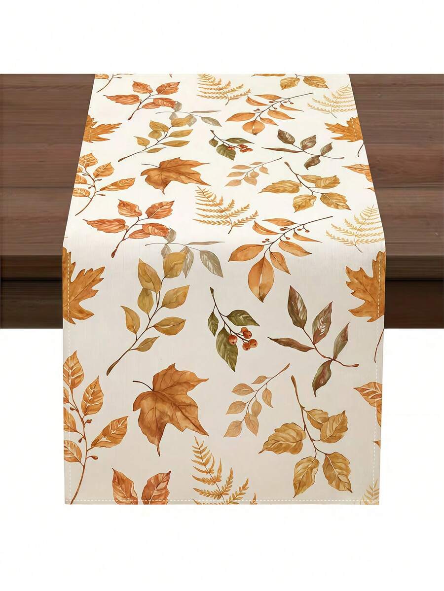 1pc Autumn Leaves & Berries Table Runner - Polyester Material, Rectangular Autumn Decor, Suitable For Thanksgiving, Kitchen And Dining Room, Festive Orange, Brown And Green Leaf Pattern On Cream Background, Perfect For Holiday Parties, Home Autumn Decoration - Ginger - View 1
