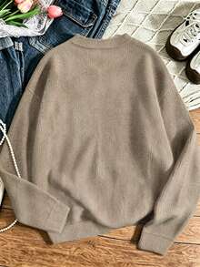 Women's Plus Size Casual Faux Knit Top, Snowman Print, Round Neck, Long Sleeve, Y2K Style, Autumn/Winter - Camel - View 3