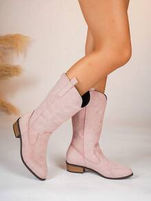 Women's All-Season Fashion Embroidered Velvet Western Boots, Pointed Toe Chunky Heel Mid-Calf Boots, Cool Fashion Boots Low Chunky Heel Punk Style Chelsea Boots Outdoor Casual Fashion Boots - Pink - View 8