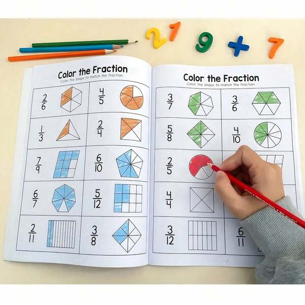 1pc Math Fraction Workbook + 12pcs Colored Pencils, Math Cognitive Teaching Aid Learning Material, Suitable For Home And School Classroom Learning Supplies, Learning Support Tool