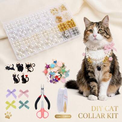 QIAO Handmade Customized Pet Cat Pearl Necklace DIY Kit, Includes Pendant Jewelry Accessories And Making Tools, Adjustable Decorative Collar, Suitable For Kittens