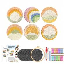 6pcs Adult Beginner Punch Needle Coaster Material Kit | Landscape Pattern Punch Embroidery Set, Includes Yarn, Embroidery Hoop, Needle Threader, Felt Fabric, Tutorial; DIY Coaster Handmade Material, Suitable For Home Decor, Gift Making - One Size Fits All - View 7