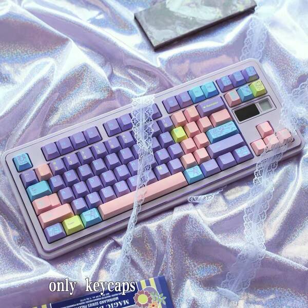 132 Tombol Keycaps, PBT Dye-Sublimation, Tinggi Cherry, Keycaps Bertema Musik, Keycaps Ungu