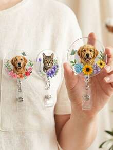 Custom Pet Photo Badge Reel Clip, Floral Acrylic ID Clip, Personalized Animal Portrait Name Tag For Nurse Teacher Office Daily Work Gift - Multicolor - View 4