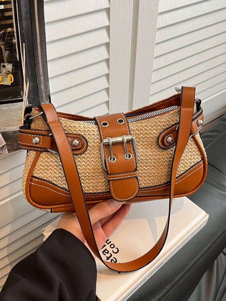2026 Fashion New Y2K Solid Color Pleated Crescent Bag, Rivet Buckle Decor Motorcycle Shoulder Bag, Suitable For Daily Streetwear And Casual Outings - Brown - View 1